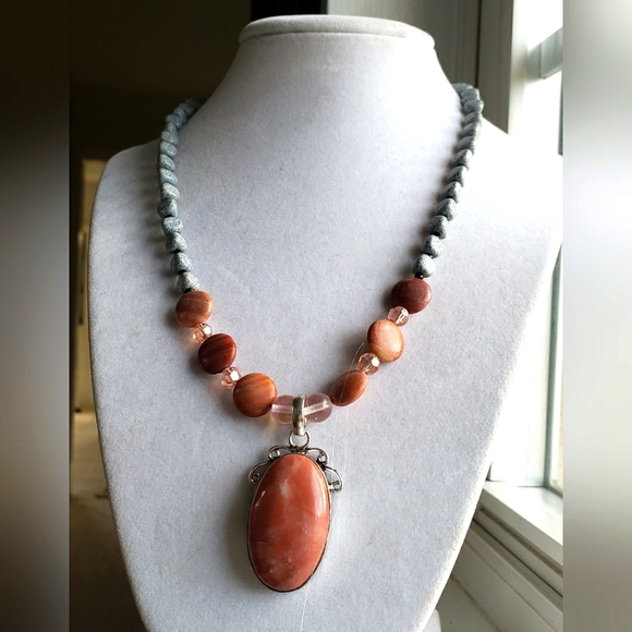 Necklace, rainforest jasper gem set in silver, mixed gemstone beads, handmade. - Picture 2 of 2